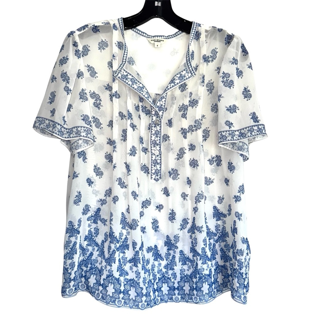 Max Studio Blue & White Floral Chiffon Blouse  - Size S
